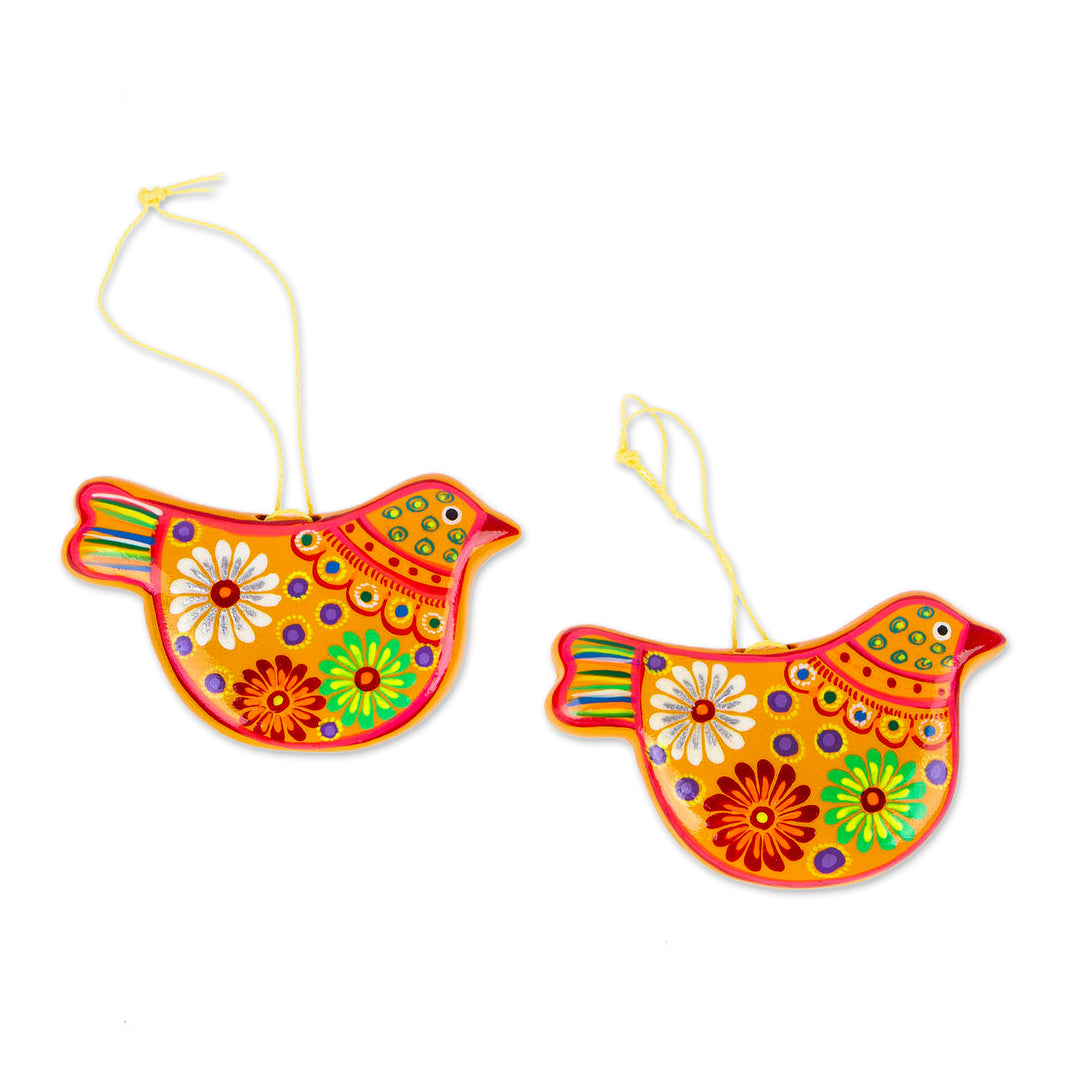 2 Yellow Floral Ceramic Peace Dove Ornaments Crafted by Hand - Marigold Dove
