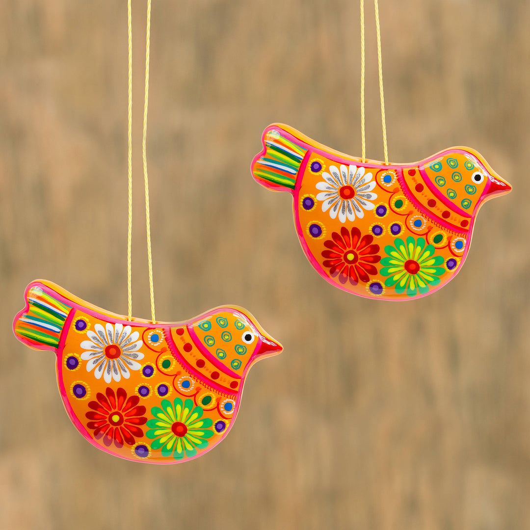 2 Yellow Floral Ceramic Peace Dove Ornaments Crafted by Hand - Marigold Dove