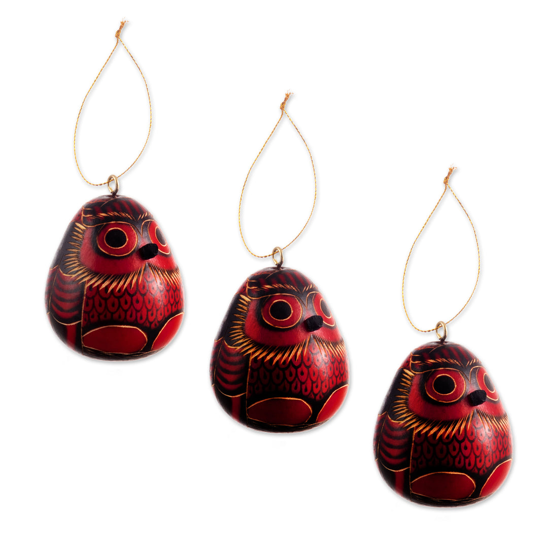 Artisan Crafted Dried Gourd Red Owl Ornaments (set of 3) - Night Watchmen