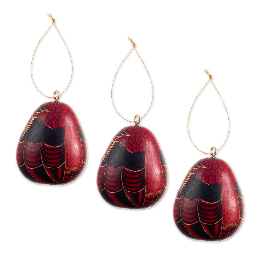 Artisan Crafted Dried Gourd Red Owl Ornaments (set of 3) - Night Watchmen