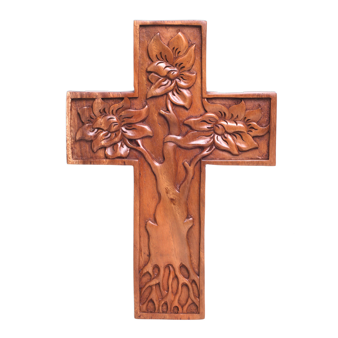 Hand-Carved Tree-Themed Suar Wood Wall Cross from Bali - Peaceful Mangrove