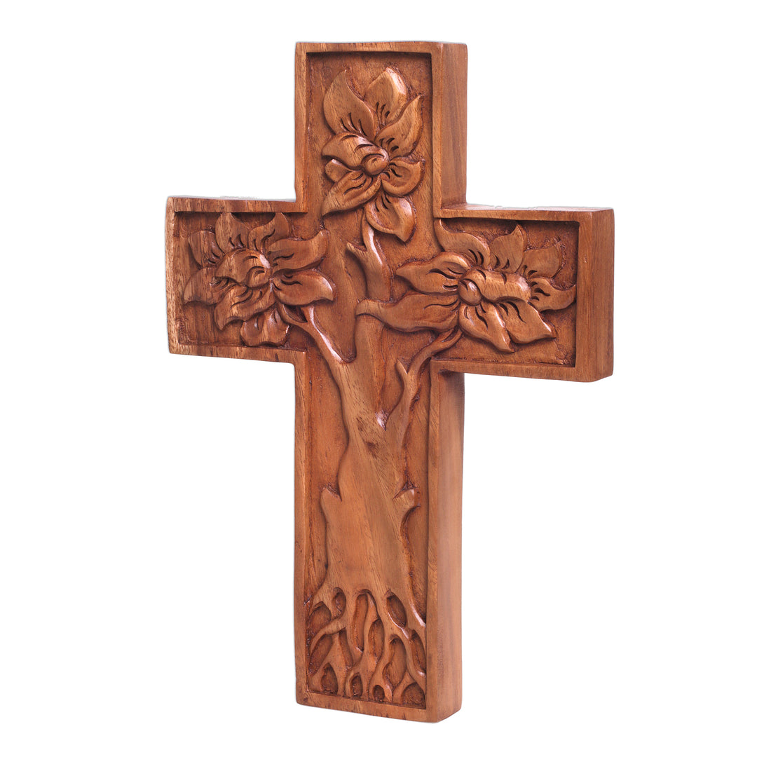 Hand-Carved Tree-Themed Suar Wood Wall Cross from Bali - Peaceful Mangrove
