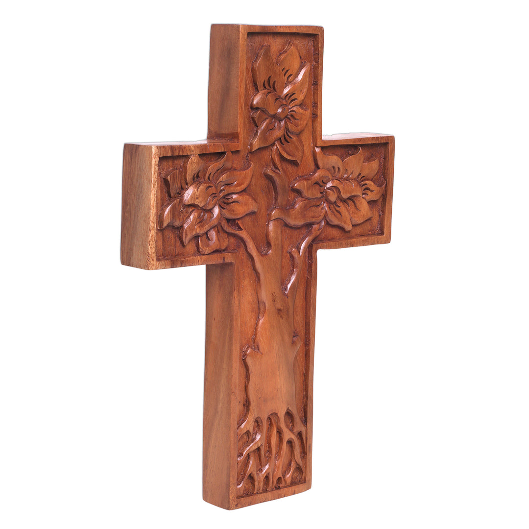 Hand-Carved Tree-Themed Suar Wood Wall Cross from Bali - Peaceful Mangrove