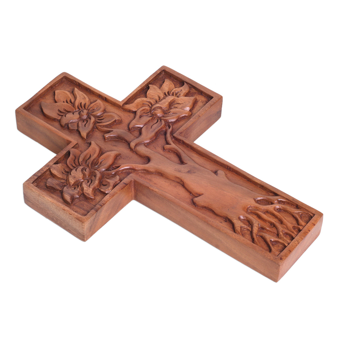 Hand-Carved Tree-Themed Suar Wood Wall Cross from Bali - Peaceful Mangrove