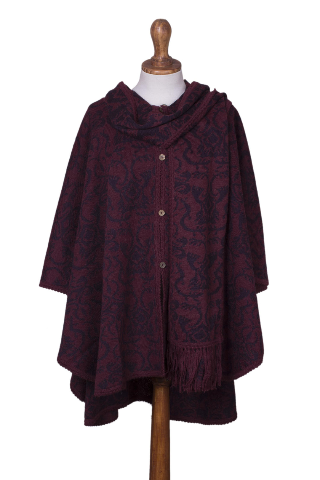 Alpaca Blend Wine and Purple Ruana with Scarf - Peruvian Wildflower in Red