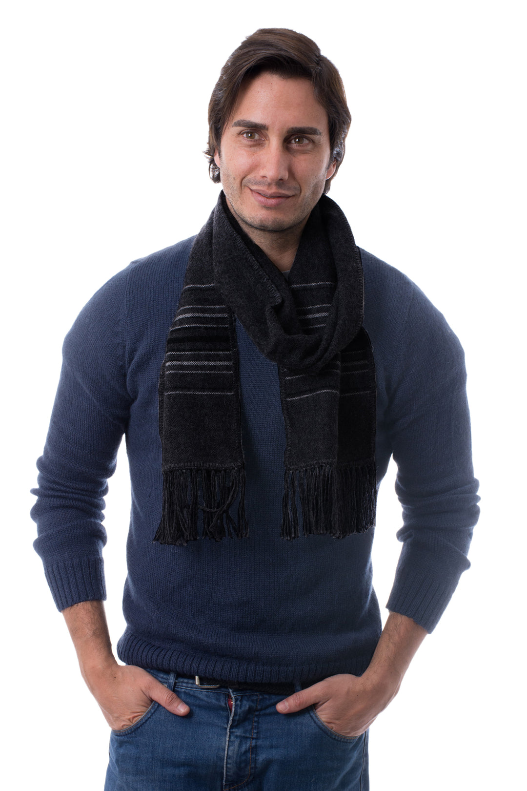 Artisan Crafted Woven Black Alpaca Blend Scarf for Men - Andean Clouds in Black