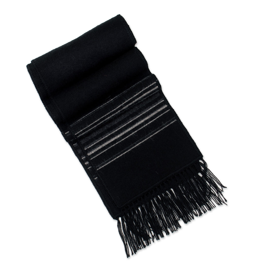 Artisan Crafted Woven Black Alpaca Blend Scarf for Men - Andean Clouds in Black