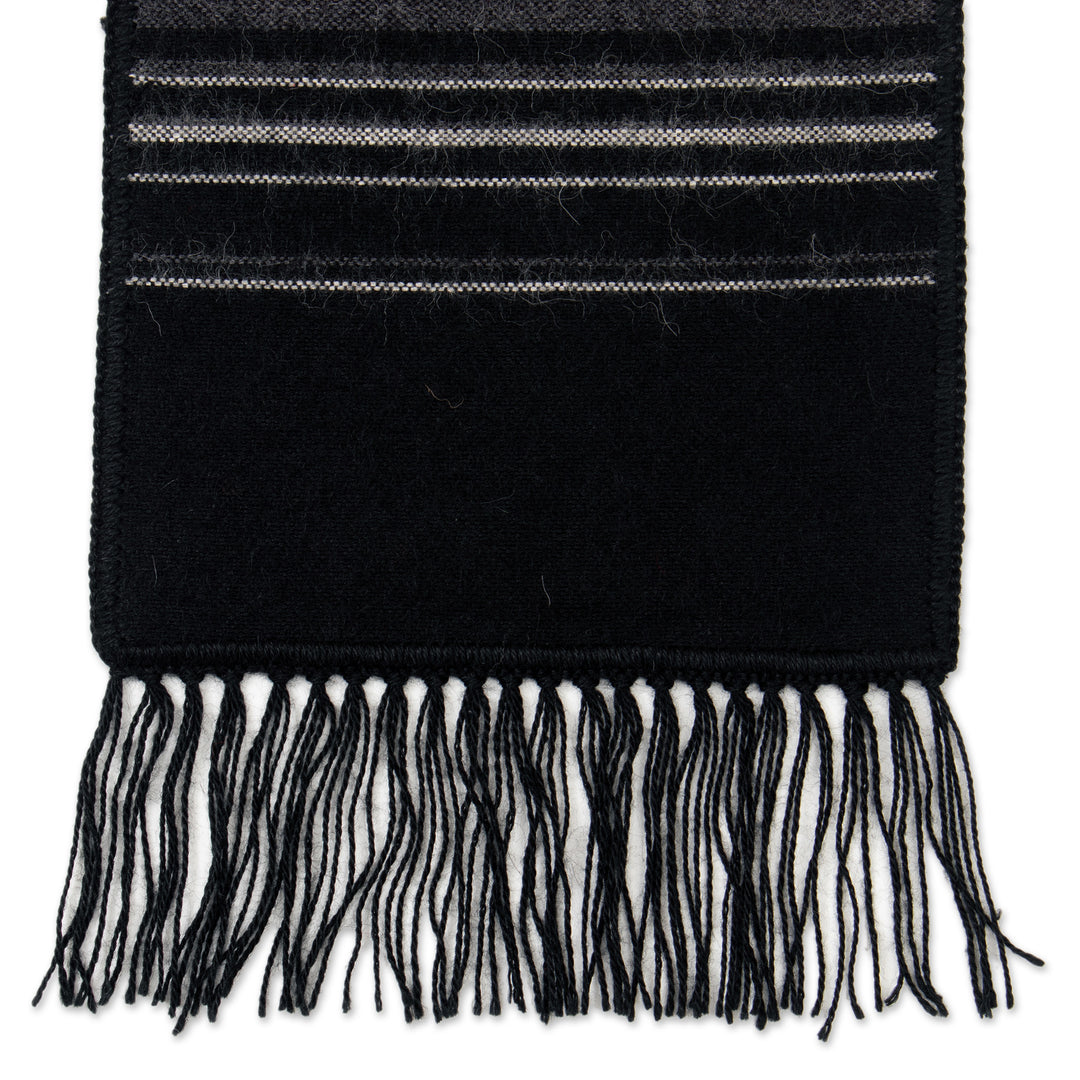 Artisan Crafted Woven Black Alpaca Blend Scarf for Men - Andean Clouds in Black