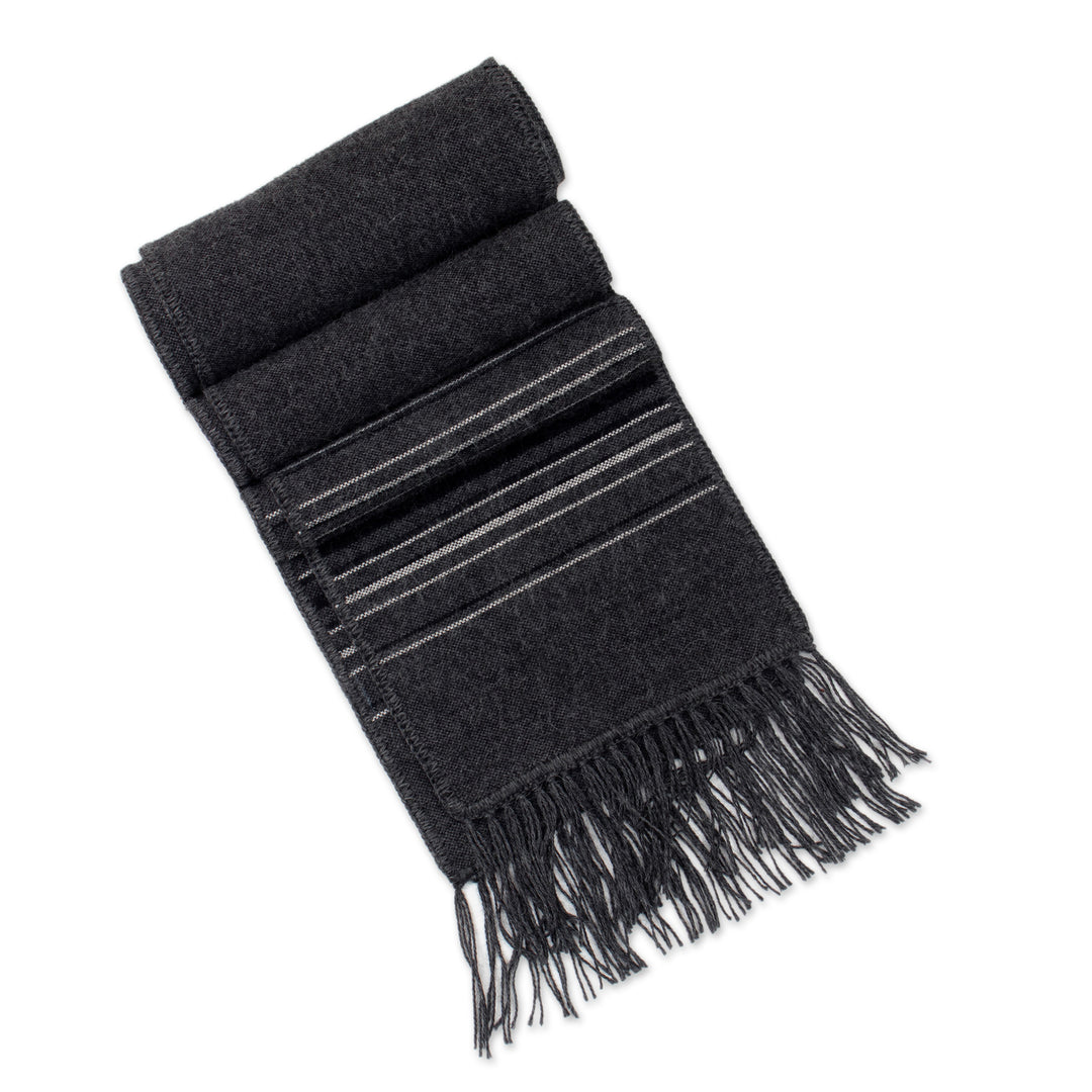 Fair Trade Woven Dark Gray Alpaca Blend Scarf for Men - Andean Clouds in Charcoal
