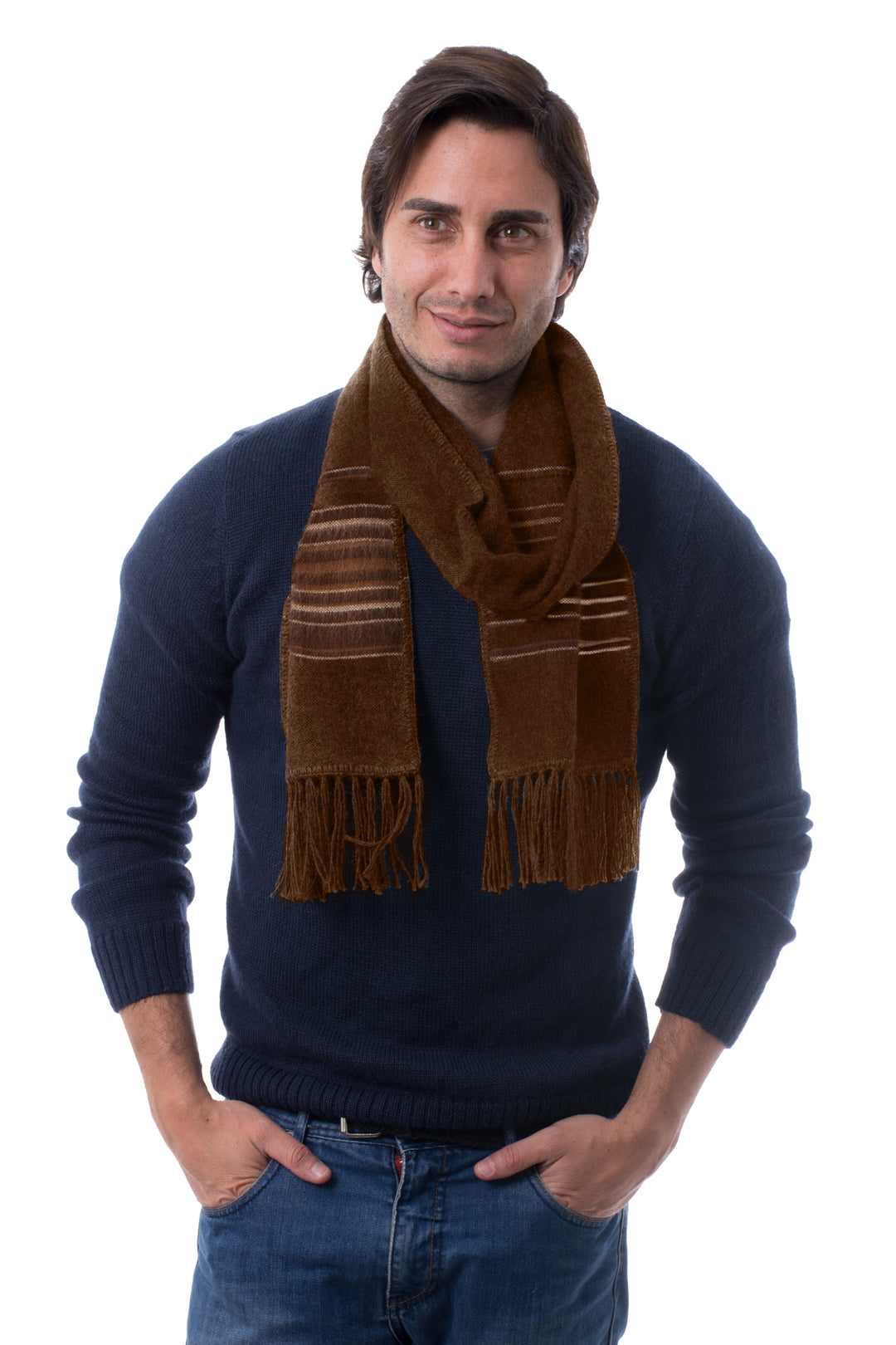 Men's Artisan Crafted Woven Brown Alpaca Blend Scarf - Chestnut Andean Clouds