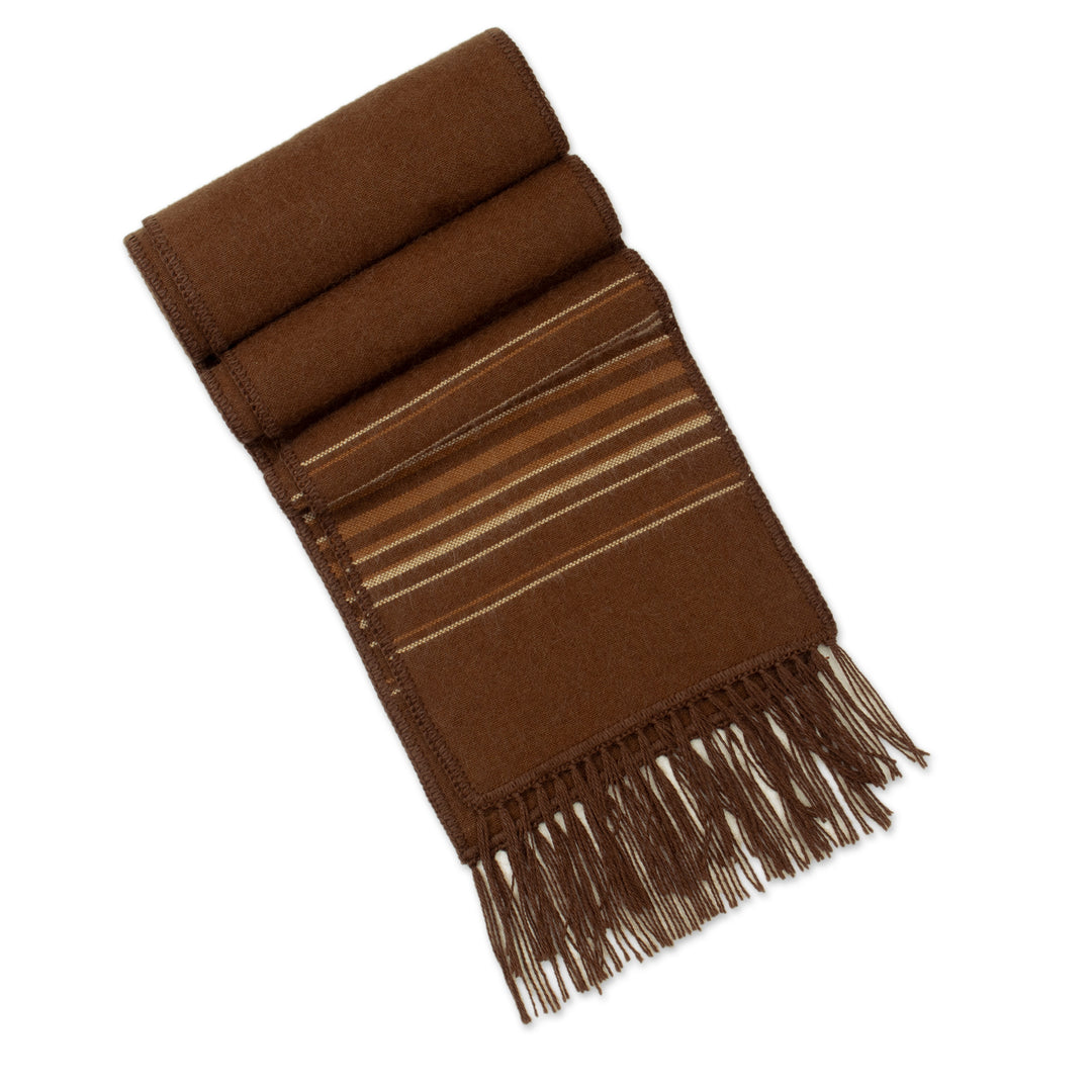 Men's Artisan Crafted Woven Brown Alpaca Blend Scarf - Chestnut Andean Clouds