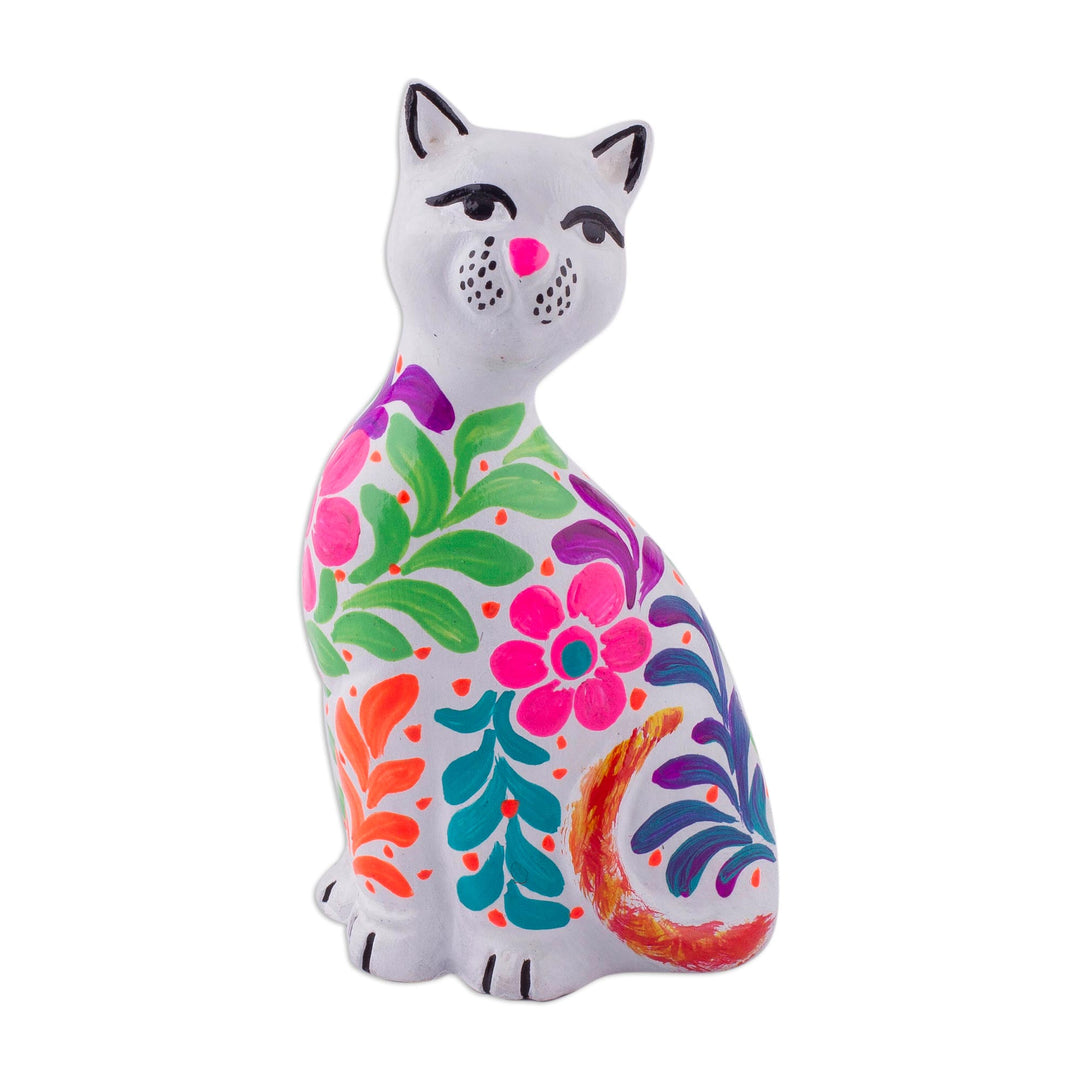 Ceramic Figurine of a Floral White Cat from Peru - Sweet Cat in White