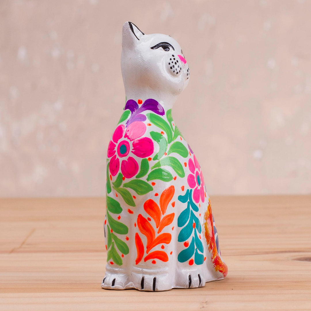 Ceramic Figurine of a Floral White Cat from Peru - Sweet Cat in White