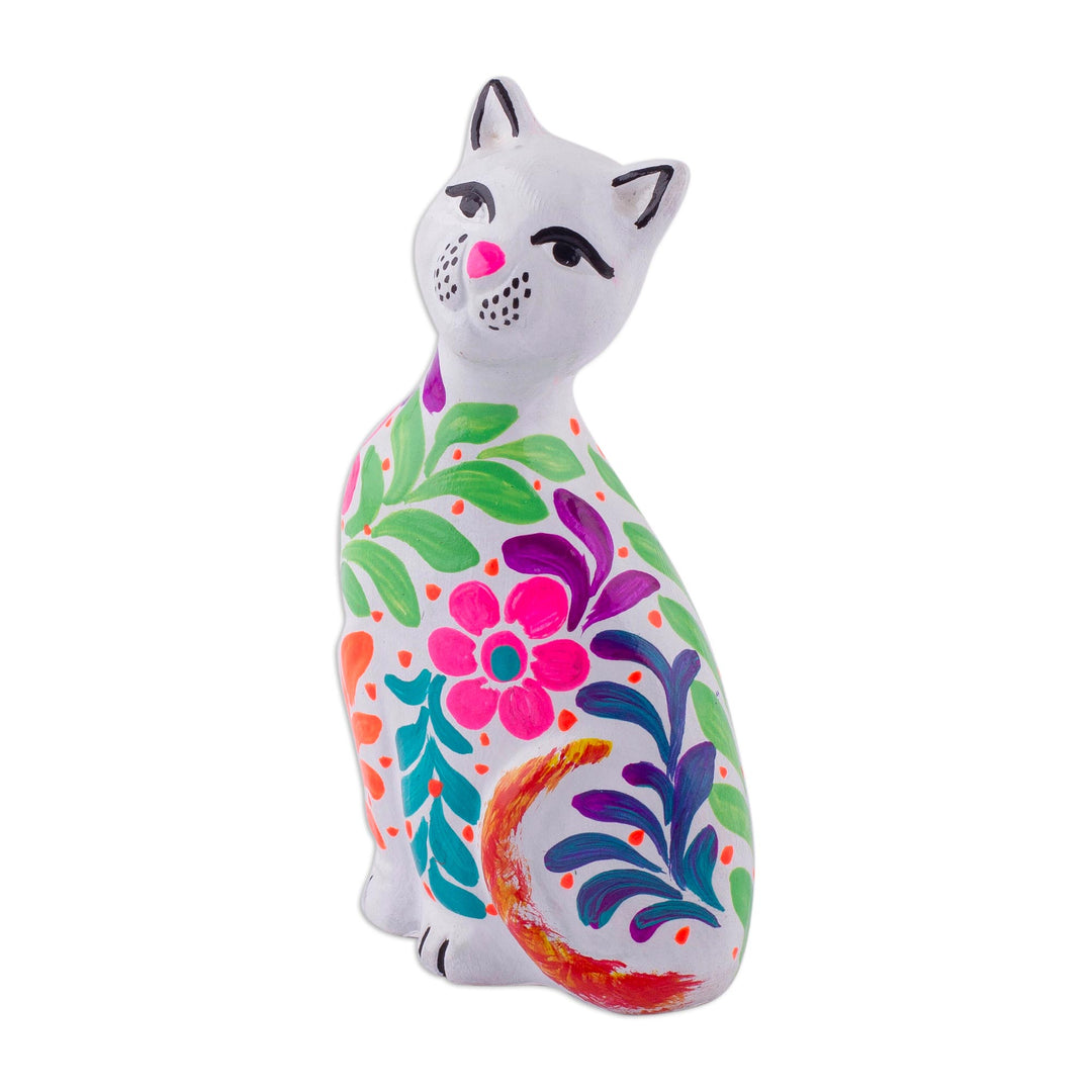 Ceramic Figurine of a Floral White Cat from Peru - Sweet Cat in White