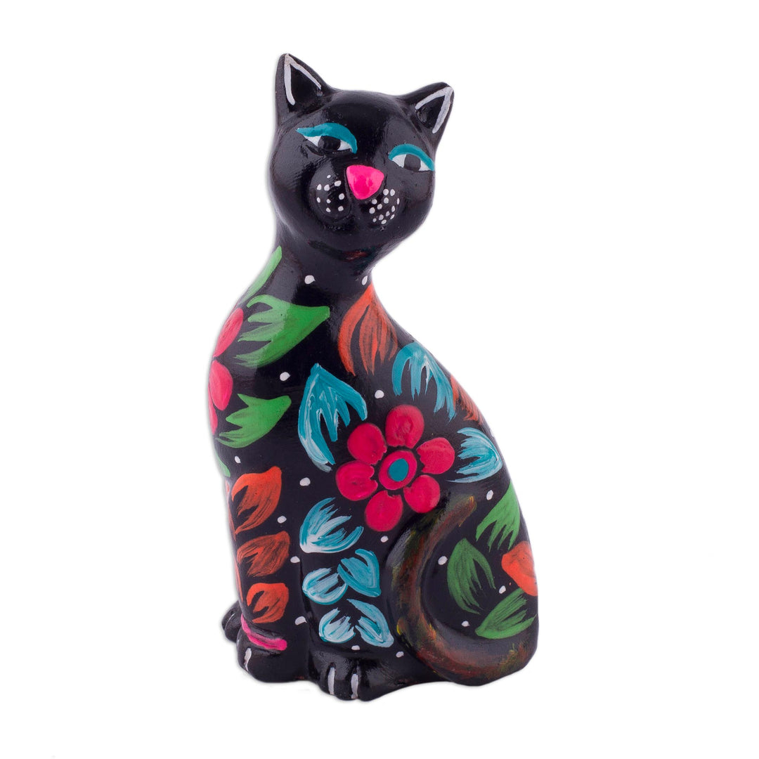 Ceramic Figurine of a Floral Black Cat from Peru - Sweet Cat in Black