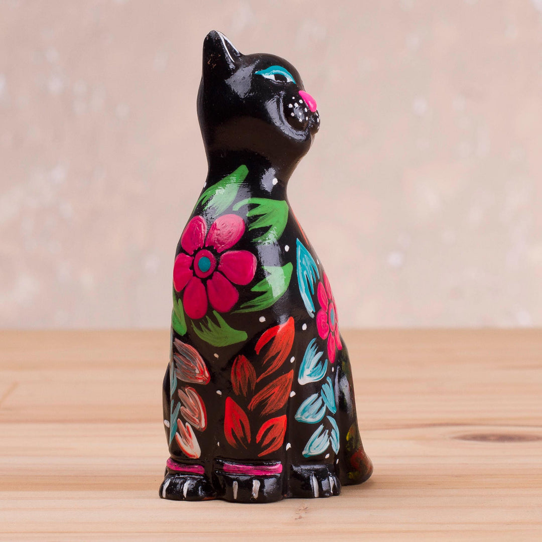 Ceramic Figurine of a Floral Black Cat from Peru - Sweet Cat in Black