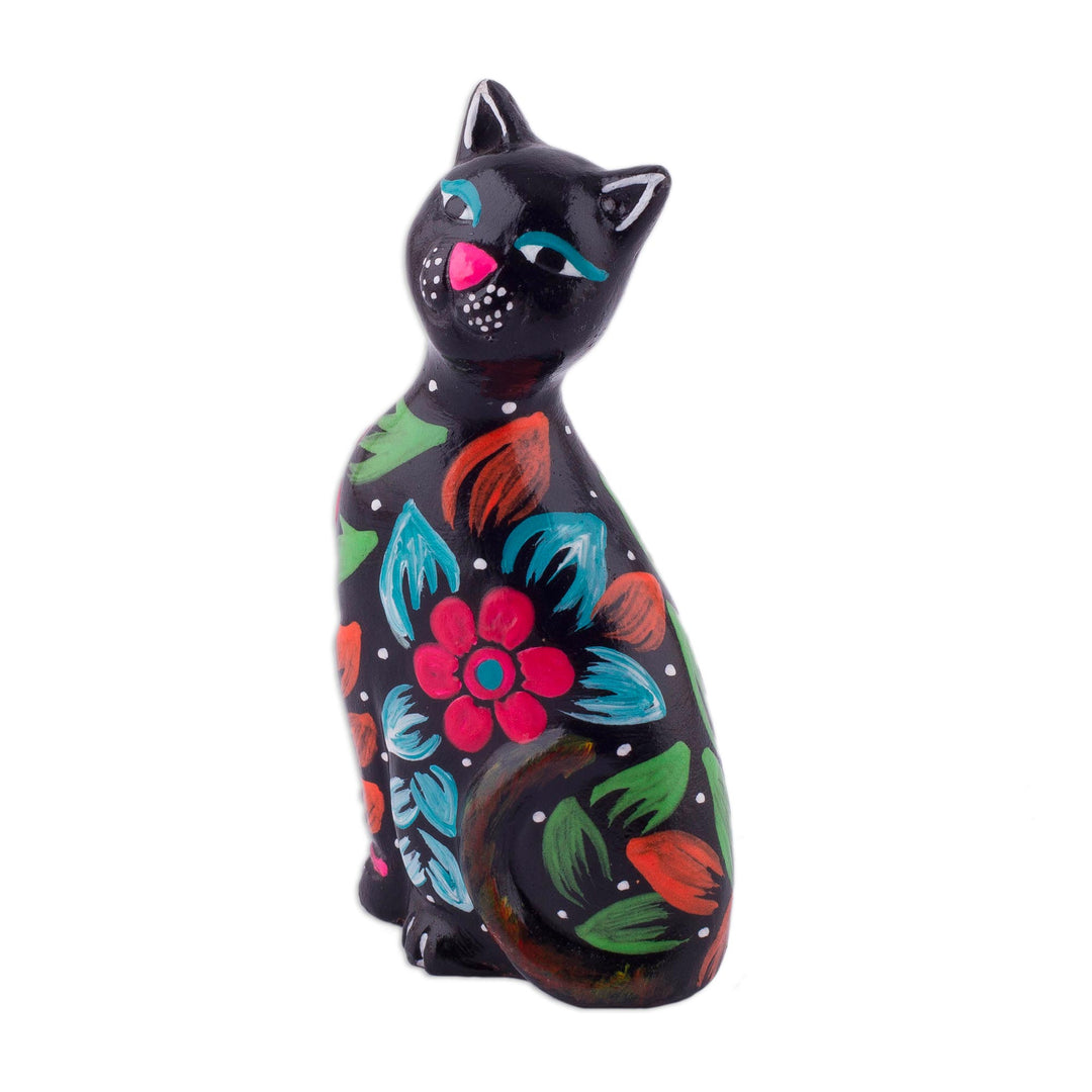 Ceramic Figurine of a Floral Black Cat from Peru - Sweet Cat in Black