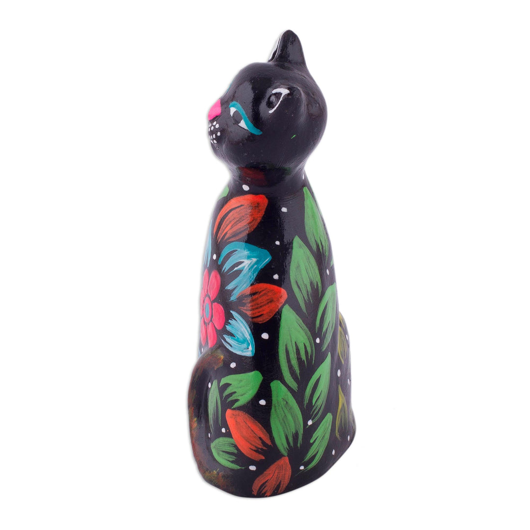 Ceramic Figurine of a Floral Black Cat from Peru - Sweet Cat in Black