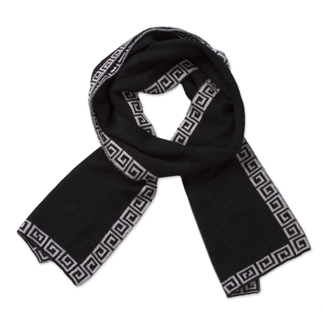 Reversible Ivory and Black Alpaca Blend Knit Scarf from Peru - Incan Inspiration