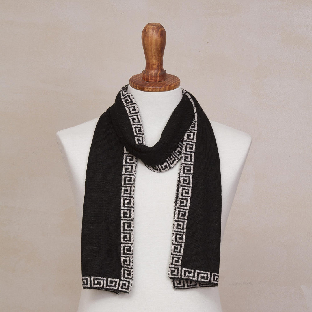 Reversible Ivory and Black Alpaca Blend Knit Scarf from Peru - Incan Inspiration