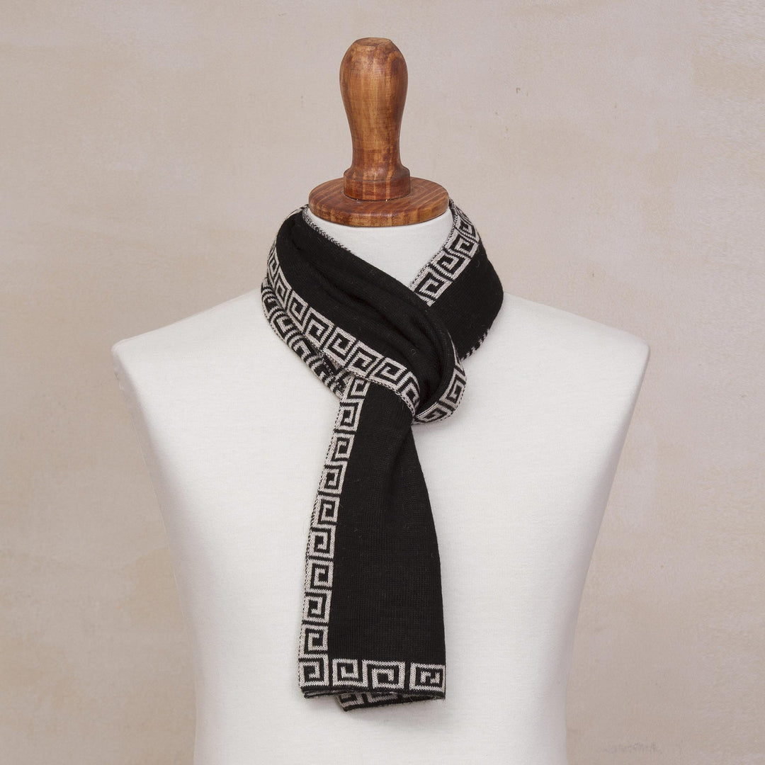 Reversible Ivory and Black Alpaca Blend Knit Scarf from Peru - Incan Inspiration