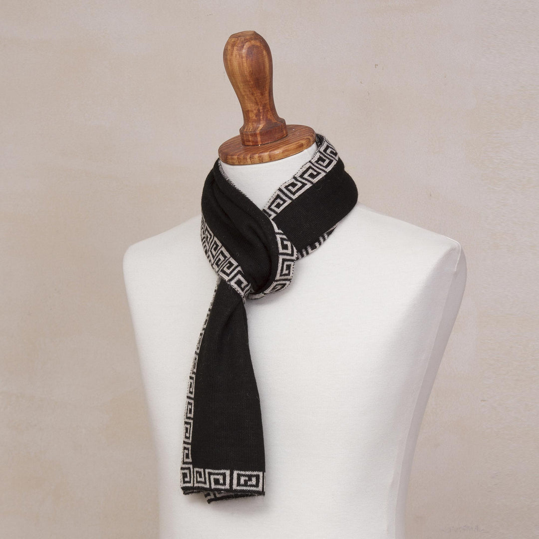 Reversible Ivory and Black Alpaca Blend Knit Scarf from Peru - Incan Inspiration