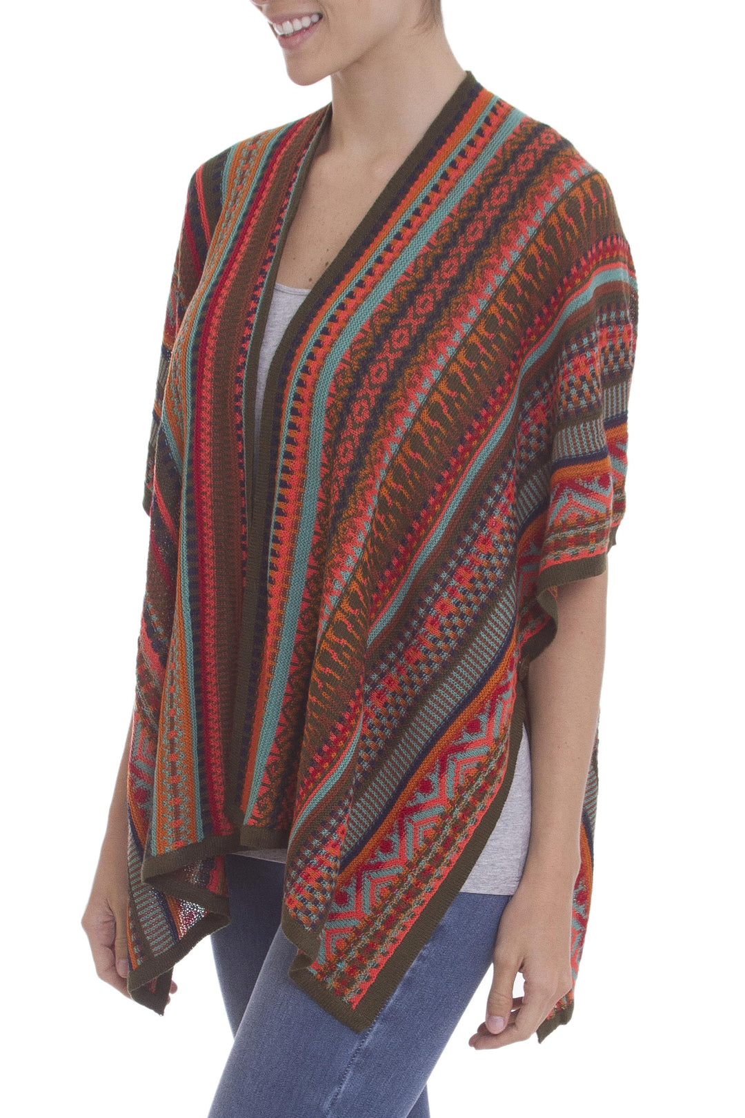 Multi-Color Striped Knit Layering Ruana - Desert Strata