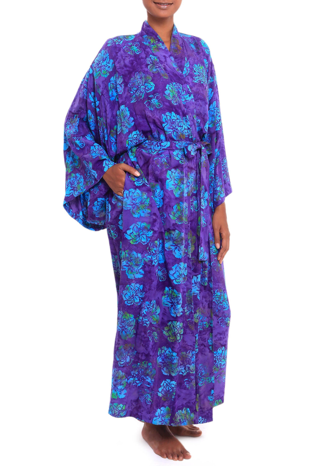Purple Blue Batik Print Long Sleeved Rayon Robe with Belt - Daydream in Violet