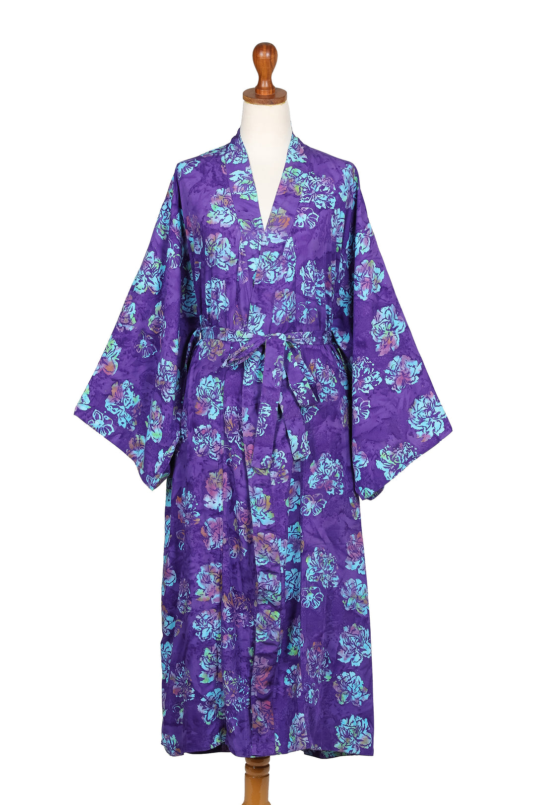 Purple Blue Batik Print Long Sleeved Rayon Robe with Belt - Daydream in Violet
