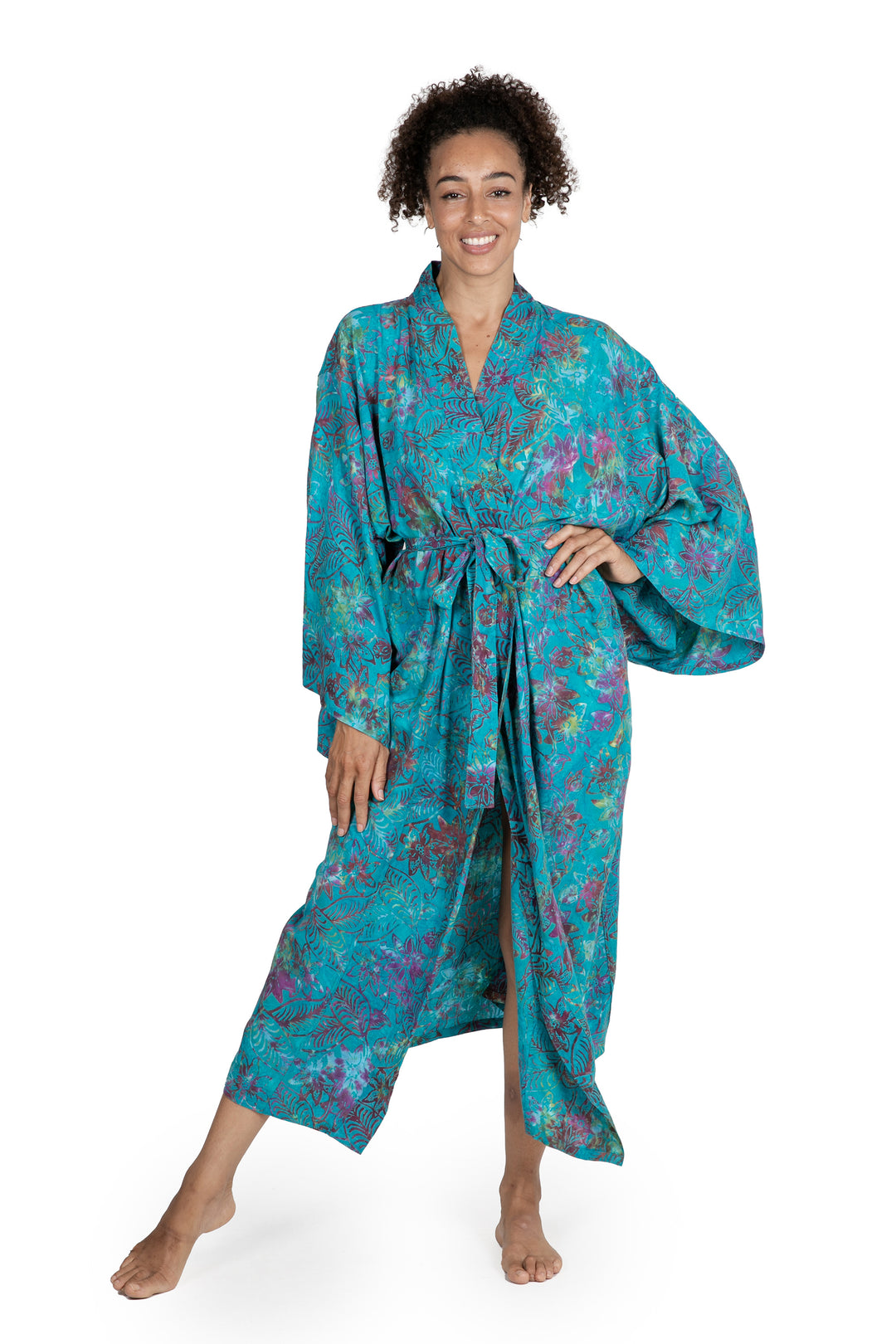 Turquoise Batik Long Sleeved Rayon Robe with Belt - Ocean Eden
