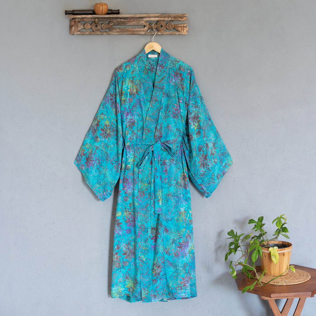 Turquoise Batik Long Sleeved Rayon Robe with Belt - Ocean Eden
