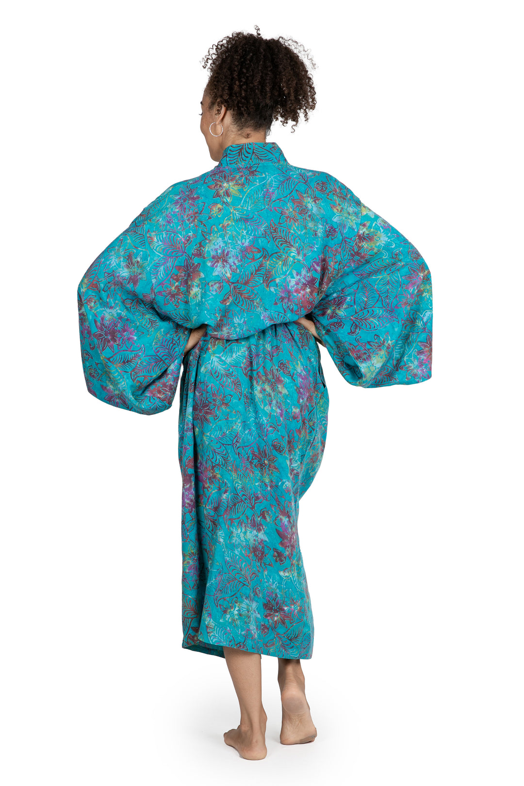 Turquoise Batik Long Sleeved Rayon Robe with Belt - Ocean Eden