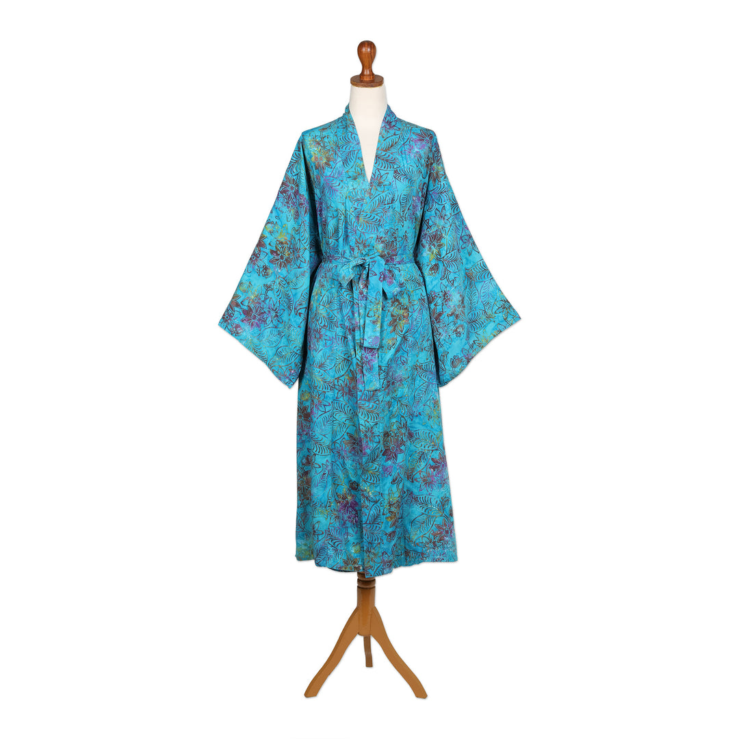 Turquoise Batik Long Sleeved Rayon Robe with Belt - Ocean Eden