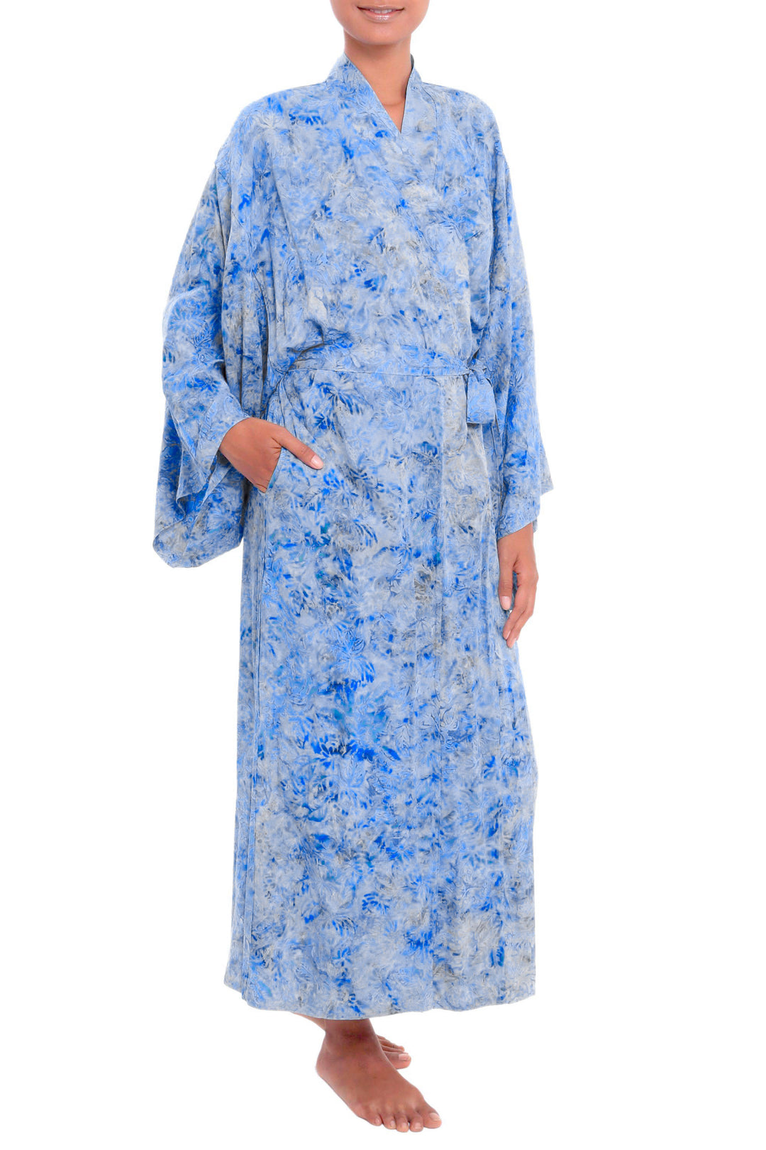 Green and Blue Batik Print Long Sleeved Rayon Robe with Belt - Ubud Grove