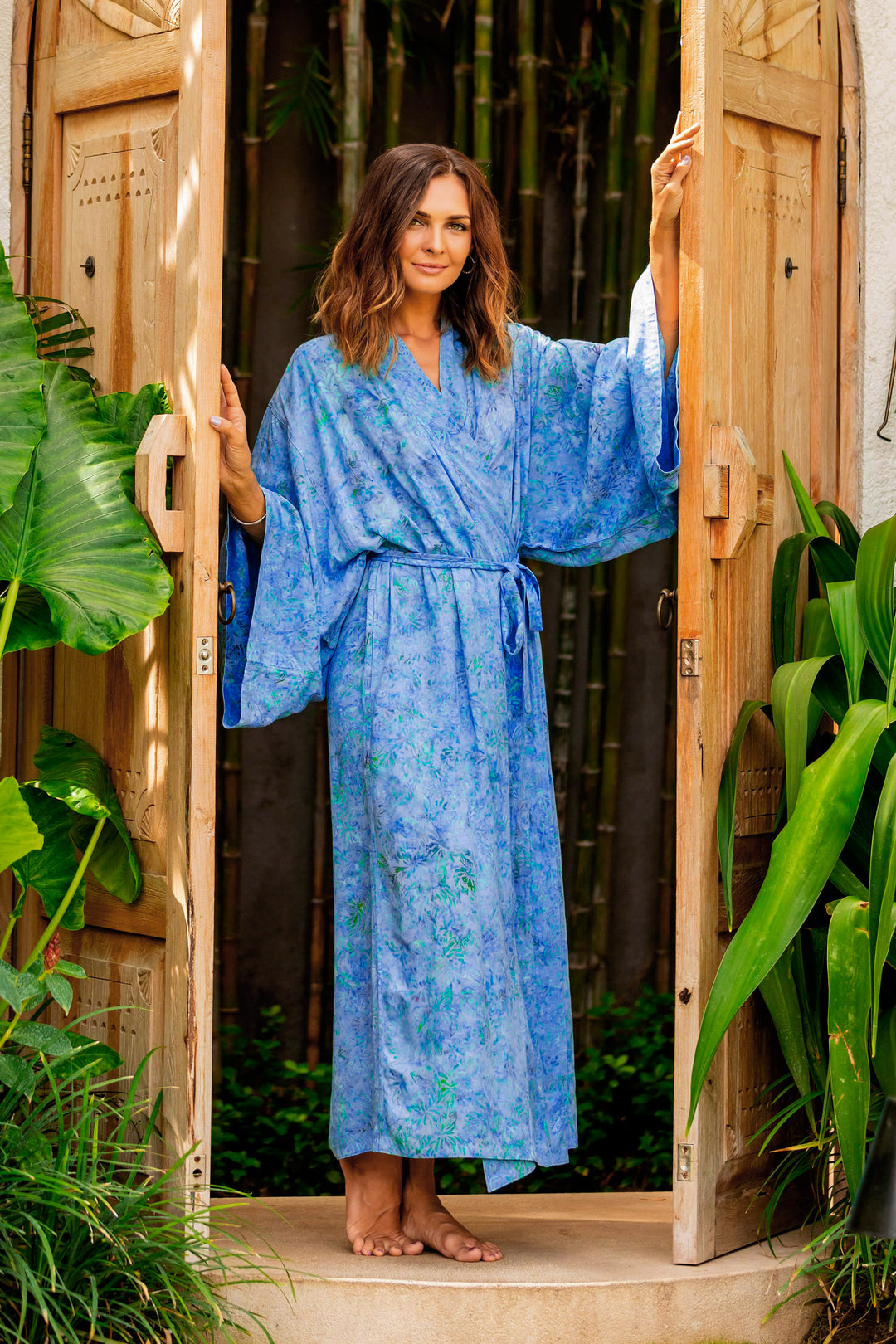 Green and Blue Batik Print Long Sleeved Rayon Robe with Belt - Ubud Grove