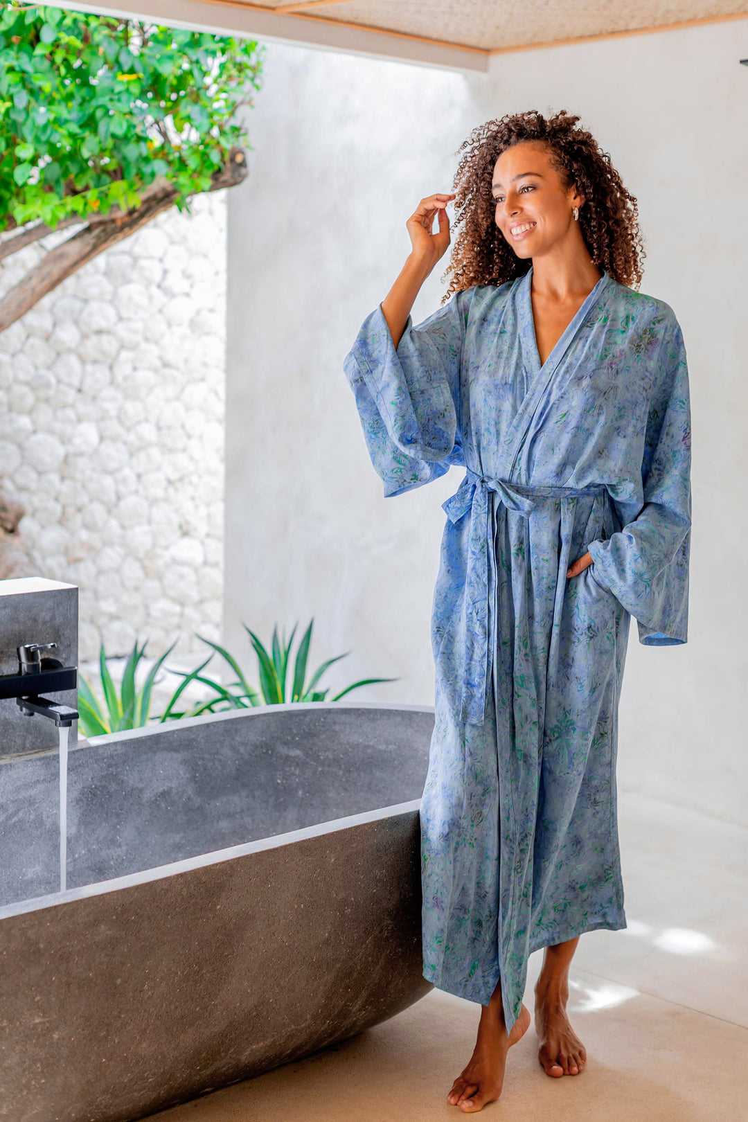 Green and Blue Batik Print Long Sleeved Rayon Robe with Belt - Ubud Grove
