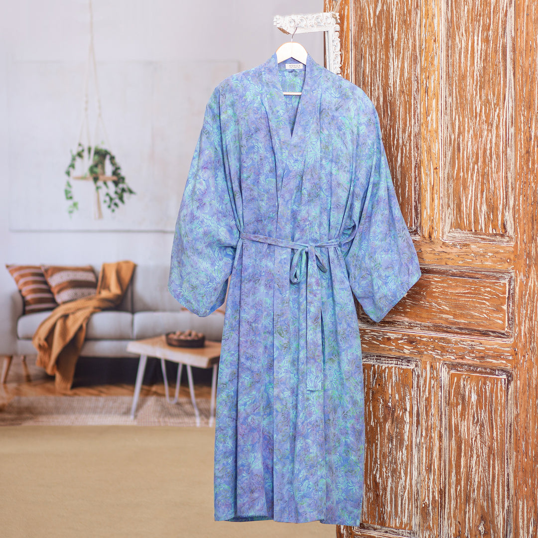 Green and Blue Batik Print Long Sleeved Rayon Robe with Belt - Ubud Grove