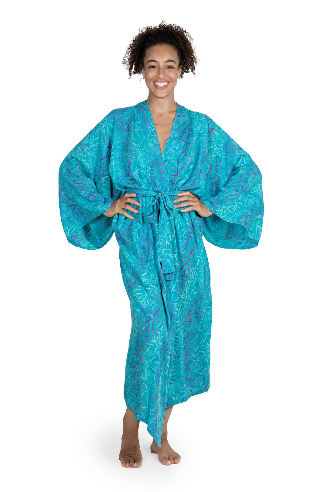 Blue and Green Batik Print Long Sleeved Rayon Robe with Belt - Floral Breeze