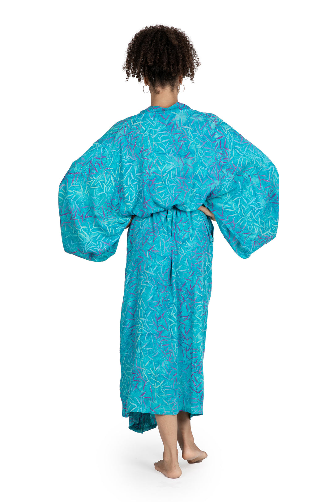 Blue and Green Batik Print Long Sleeved Rayon Robe with Belt - Floral Breeze