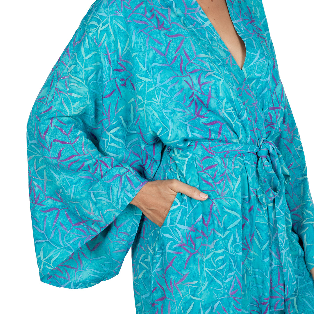 Blue and Green Batik Print Long Sleeved Rayon Robe with Belt - Floral Breeze