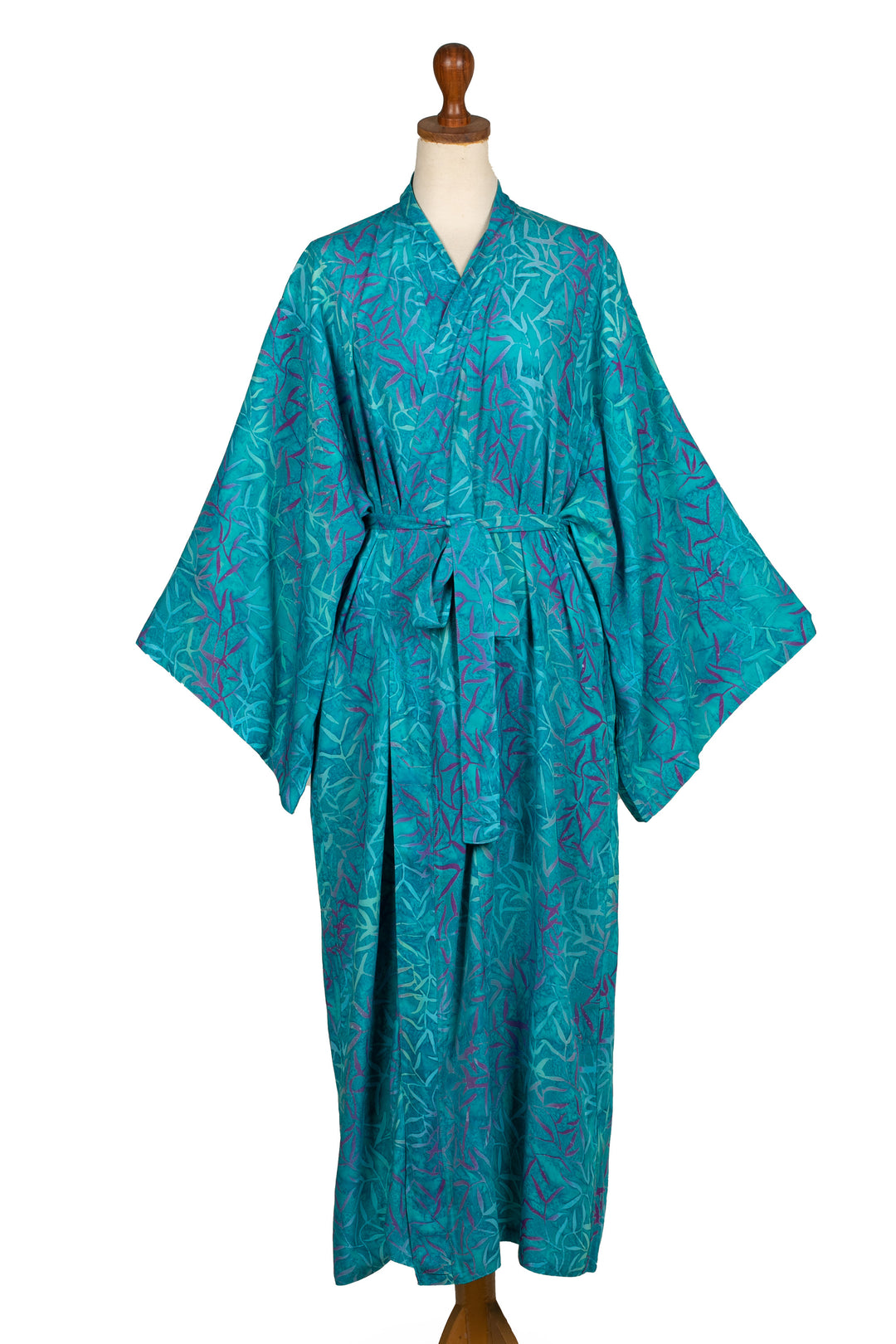 Blue and Green Batik Print Long Sleeved Rayon Robe with Belt - Floral Breeze