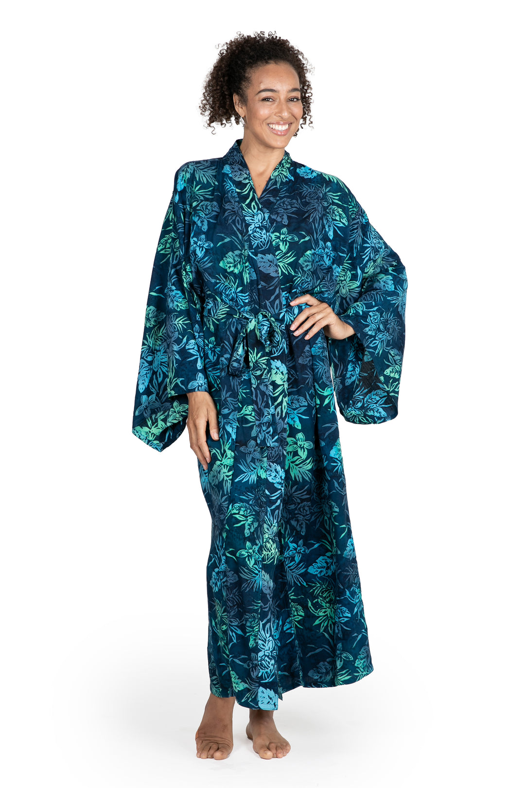 Navy and Green Batik Print Long Sleeved Rayon Robe with Belt - Bedugul Dusk
