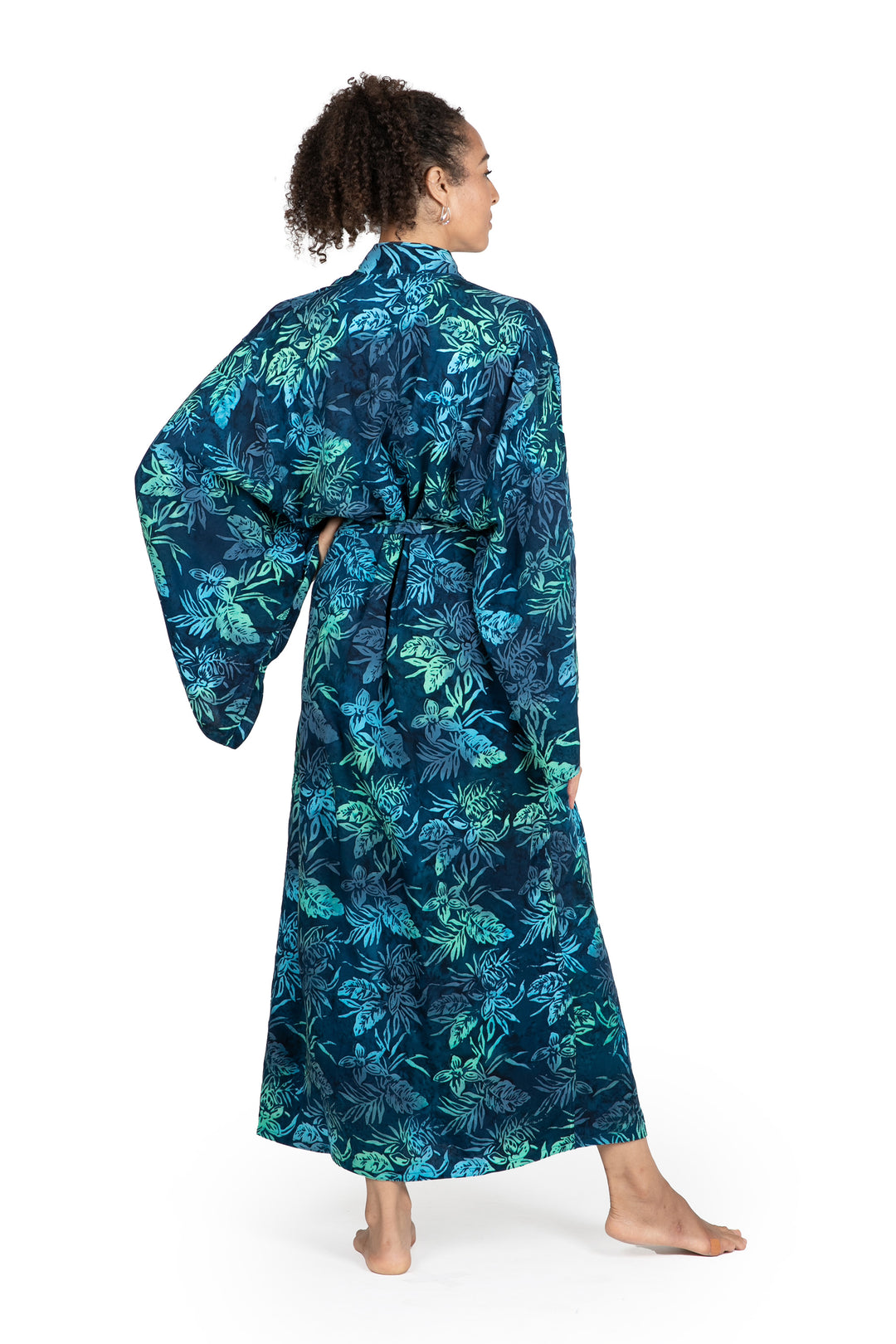 Navy and Green Batik Print Long Sleeved Rayon Robe with Belt - Bedugul Dusk