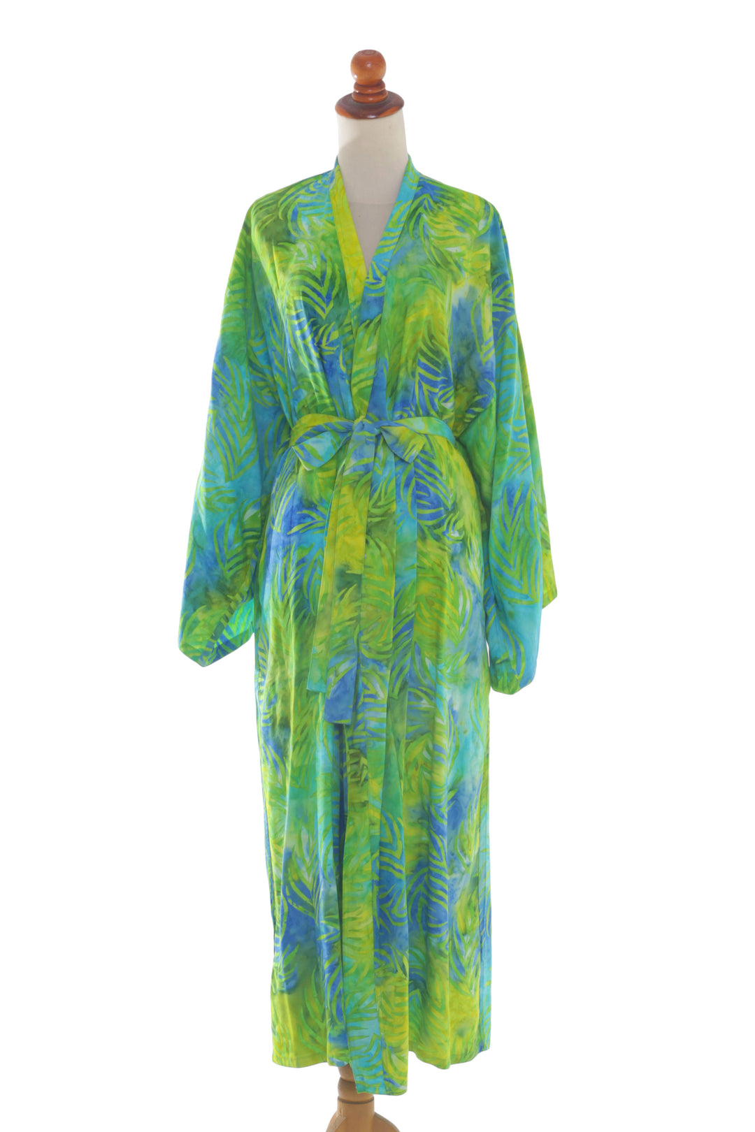 Blue and Green Rayon Batik Leafy Garden Long Sleeved Robe - Leafy Haven