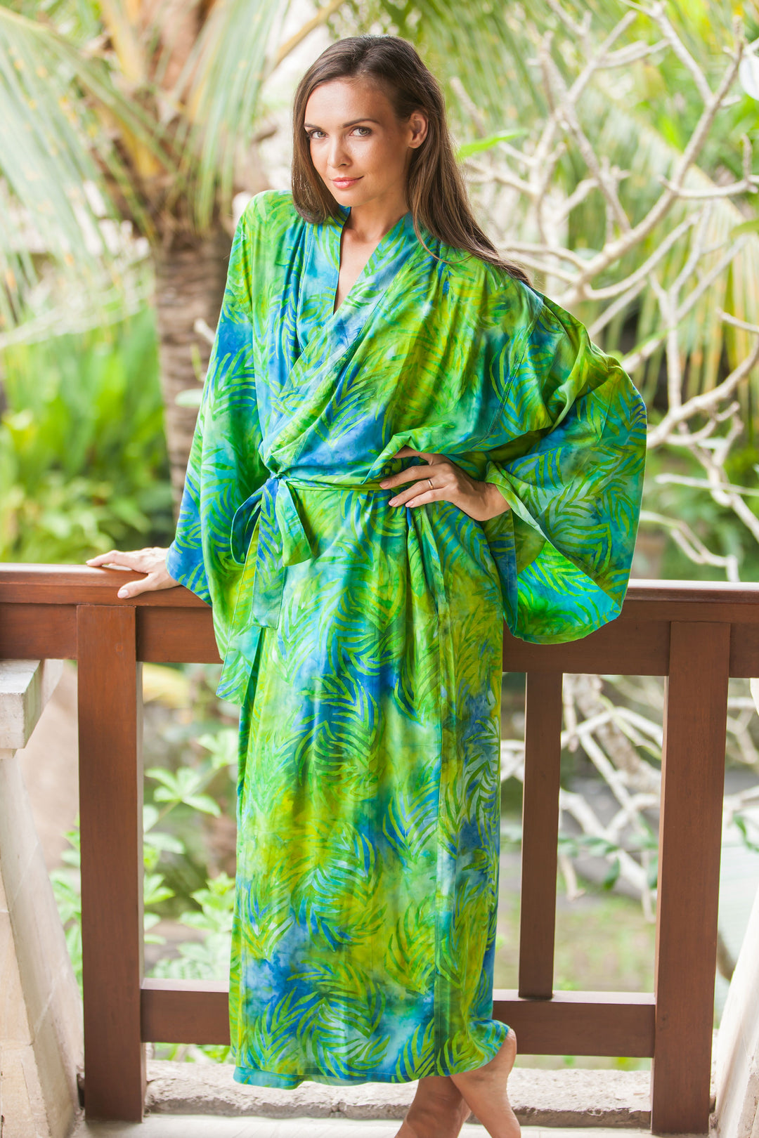 Blue and Green Rayon Batik Leafy Garden Long Sleeved Robe - Leafy Haven
