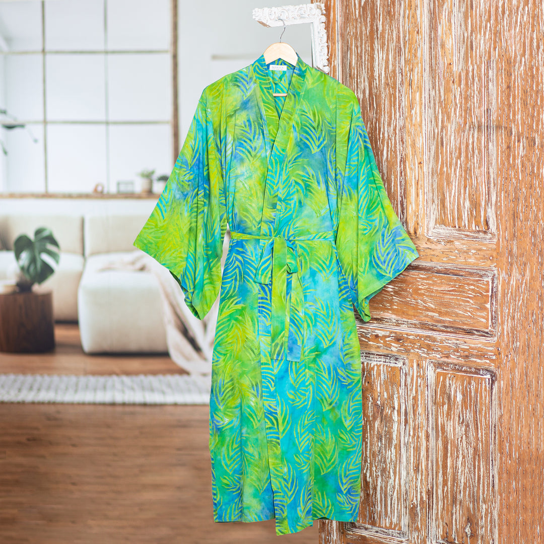 Blue and Green Rayon Batik Leafy Garden Long Sleeved Robe - Leafy Haven