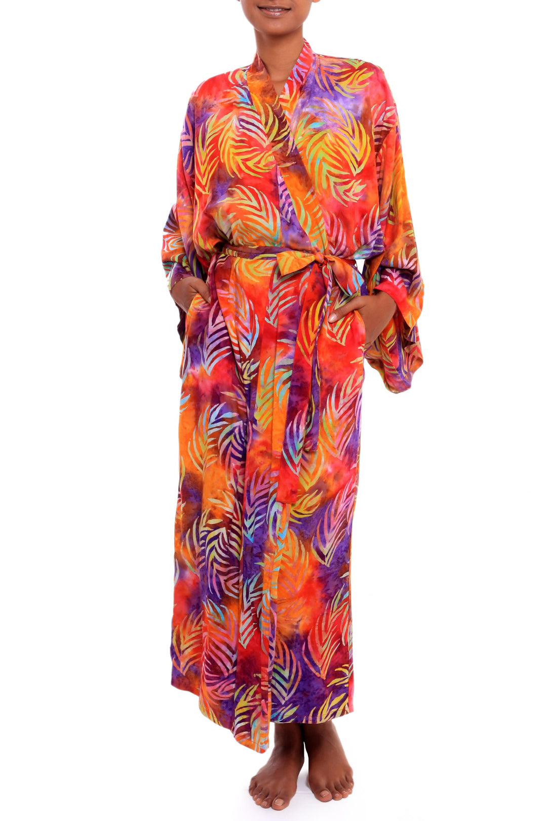 Red Orange Batik Print Long Sleeved Rayon Robe with Belt - Sunset Grove