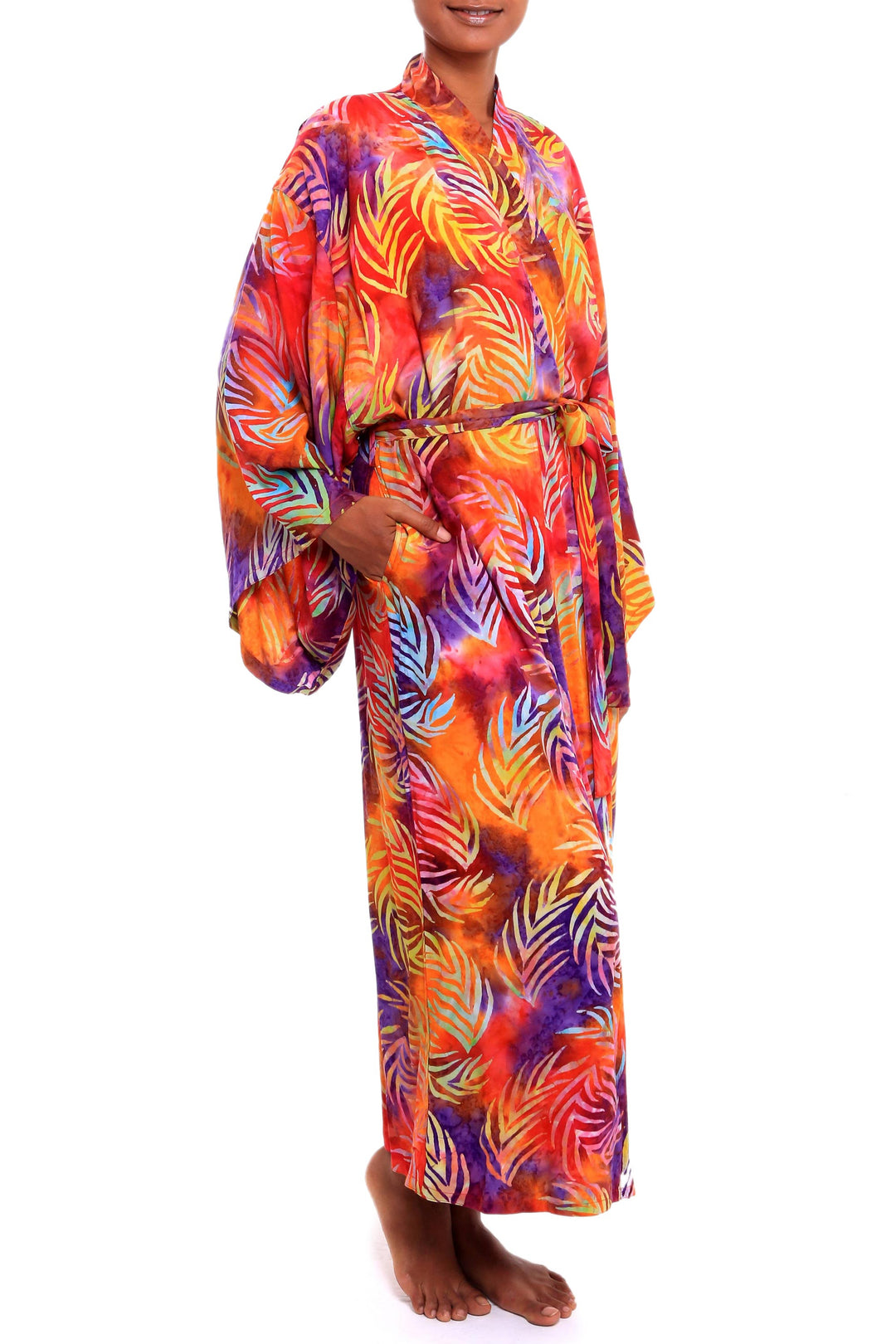 Red Orange Batik Print Long Sleeved Rayon Robe with Belt - Sunset Grove