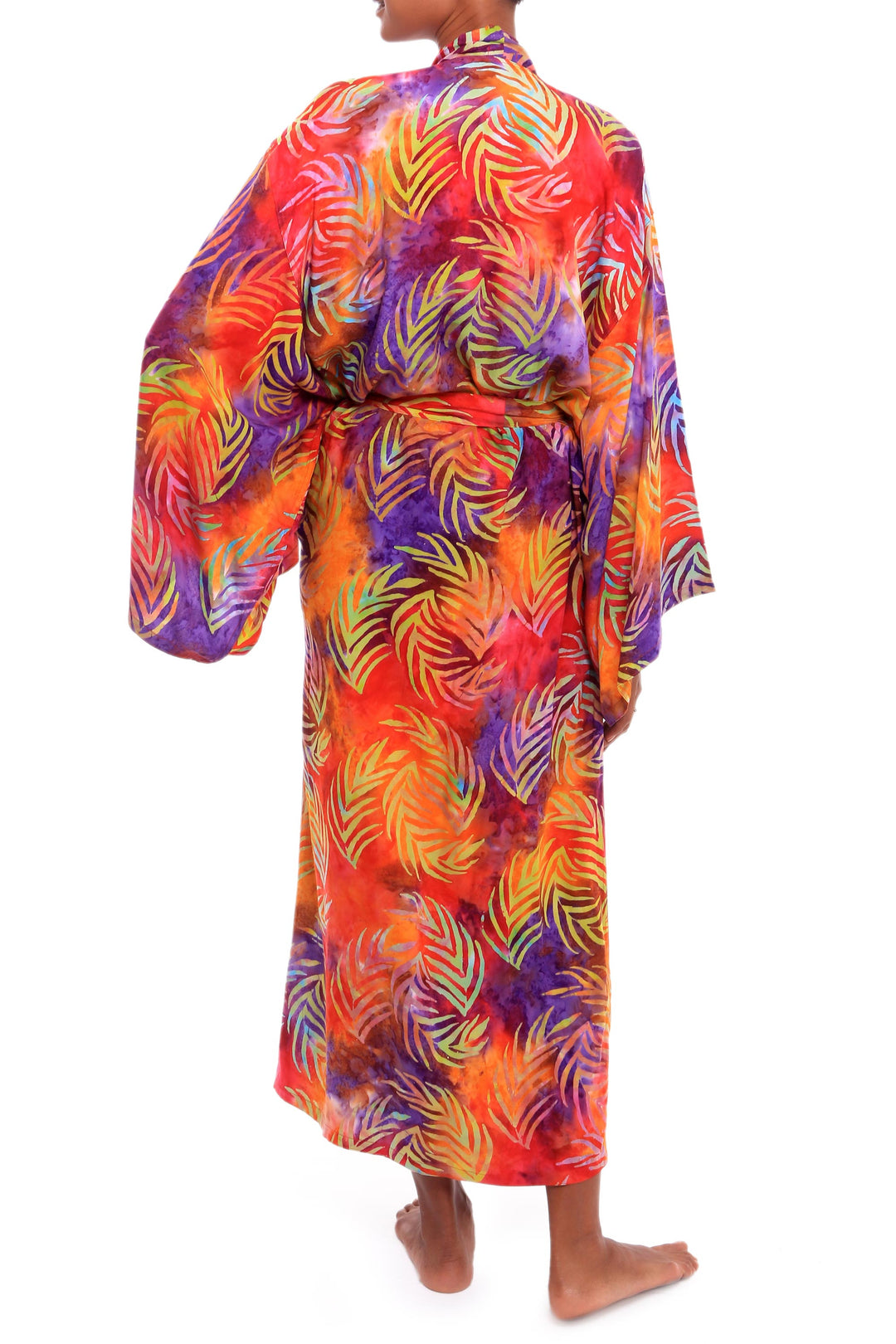 Red Orange Batik Print Long Sleeved Rayon Robe with Belt - Sunset Grove
