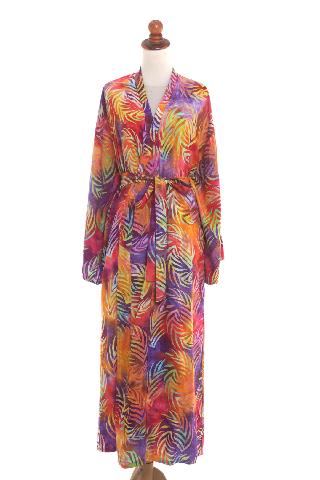 Red Orange Batik Print Long Sleeved Rayon Robe with Belt - Sunset Grove